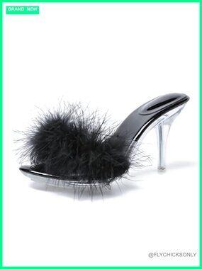 Fuzzy Feather Clear Heel Stiletto Mule Sandals Slip On Party Heels